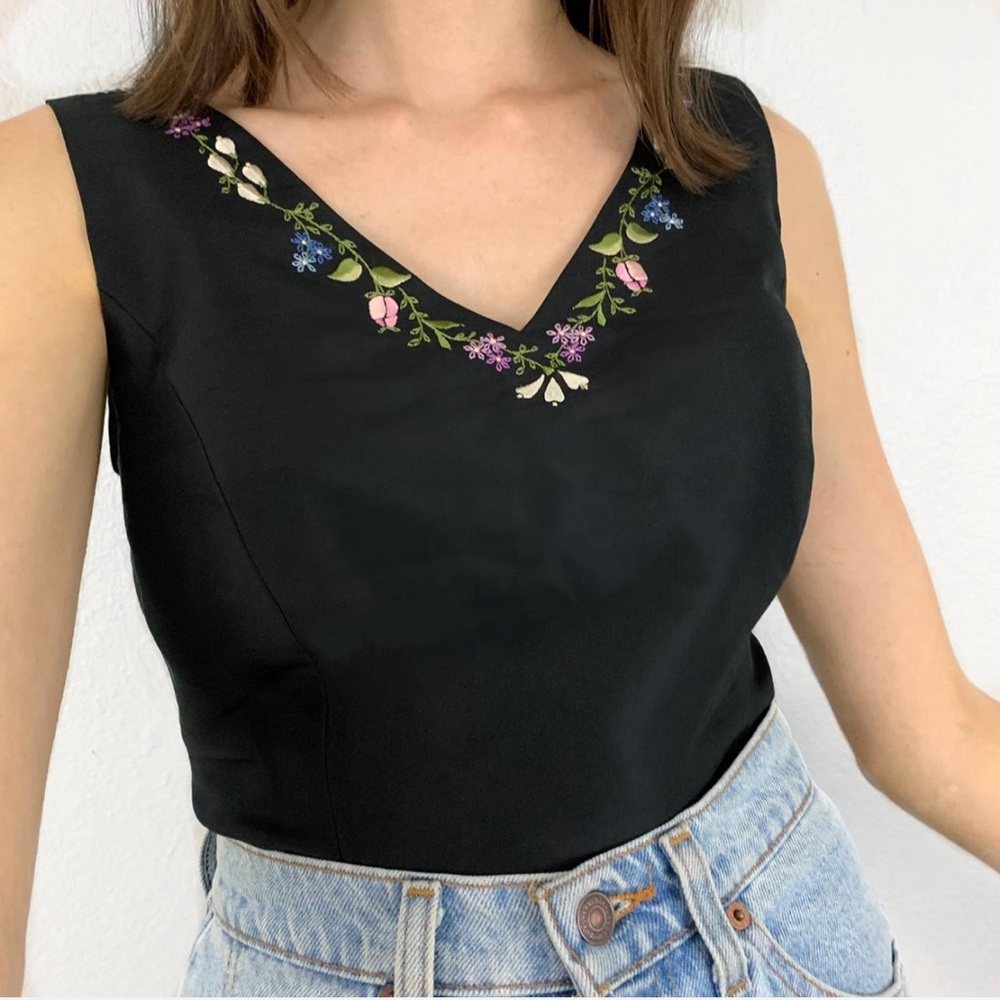 Ann Taylor Black Silk Embroidered Top